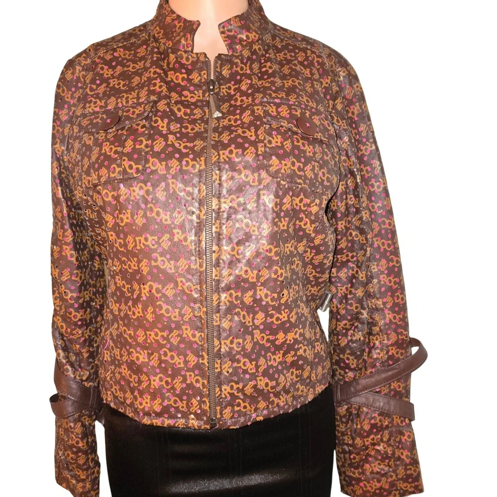 Rocawear Leather Jacket Moto‎ Brown Pink ROC Logo Streetwear Womens Y2K VTG
